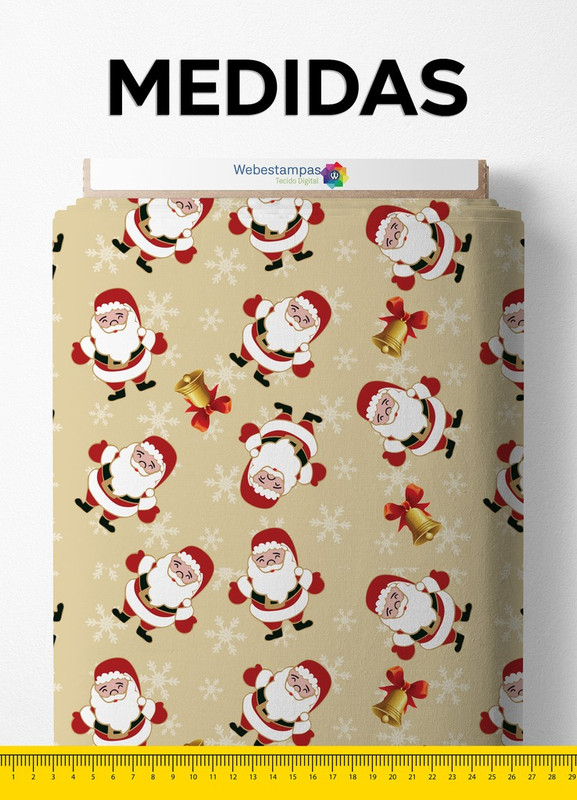 Tecido Cetim Estampa Digital Natal Papai Noel Bege 1,40 de Largura