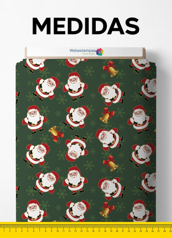 Tecido Cetim Estampa Digital Natal Papai Noel Verde 1,40 de Largura