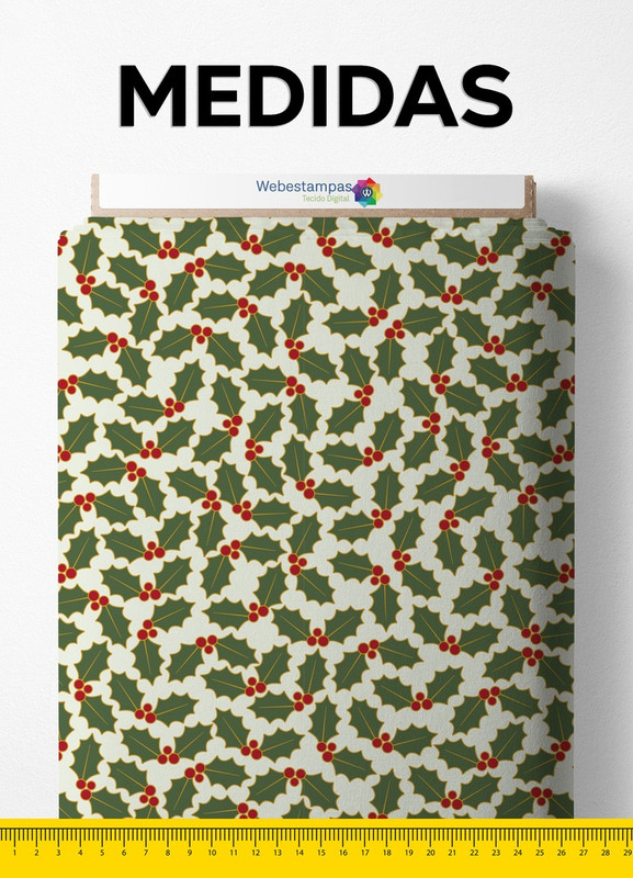 Tecido Cetim Estampa Digital Ramos de Natal 1,40 de Largura