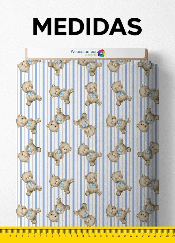 Tecido Cetim Estampa Digital Ursinho com Listras Azul Bebê 1,40 de Largura