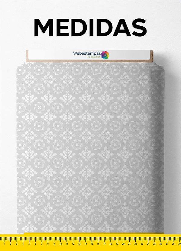 Tecido Cetim Estampa Digital Arabesco Branco Fundo Cinza 1,40m de Largura