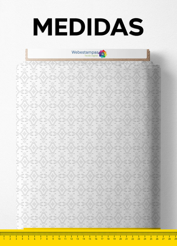 Tecido Cetim Estampa Digital Arabesco com Ramos Cinza e Branco 1,40m de Largura