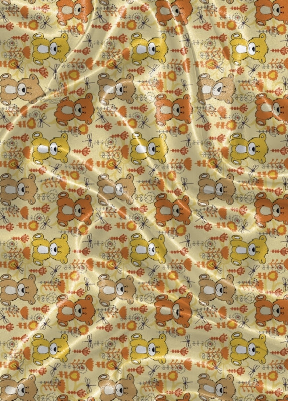 Tecido Cetim Estampa Digital Ursos Laranja e Amarelo 1,40m de Largura