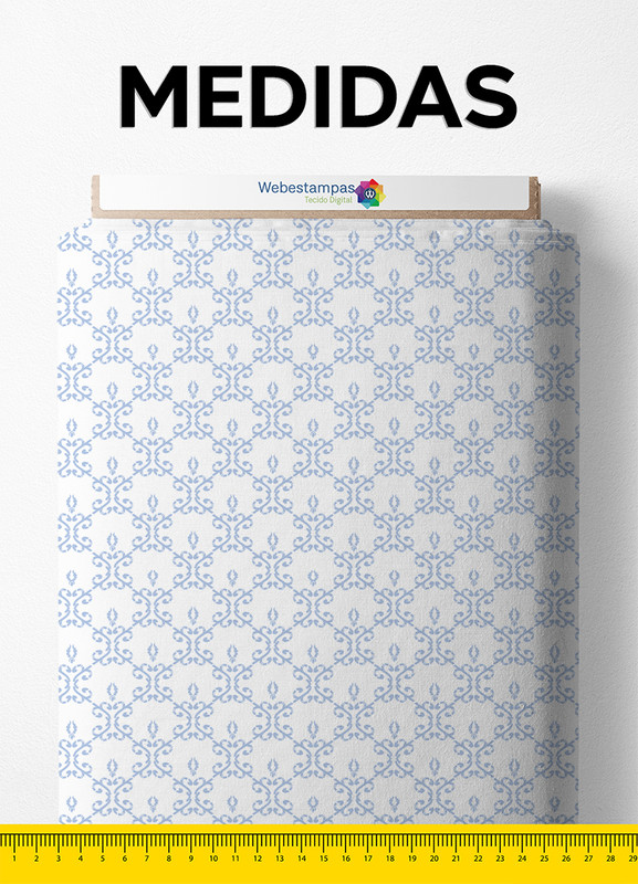 Tecido Cetim Estampa Digital Arabesco Azul Fundo Branco 1,40m de Largura