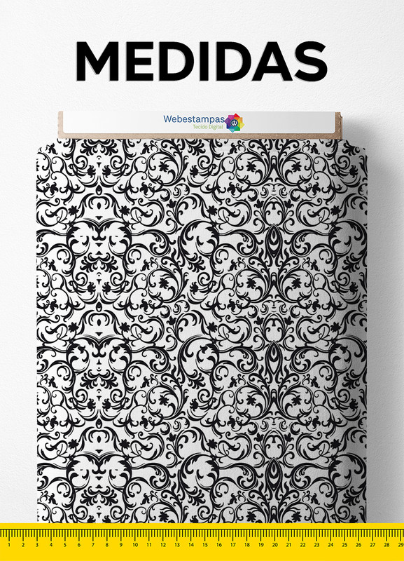 Tecido Cotton Estampa Digital Arabesco Floral Preto 1,60m de Largura