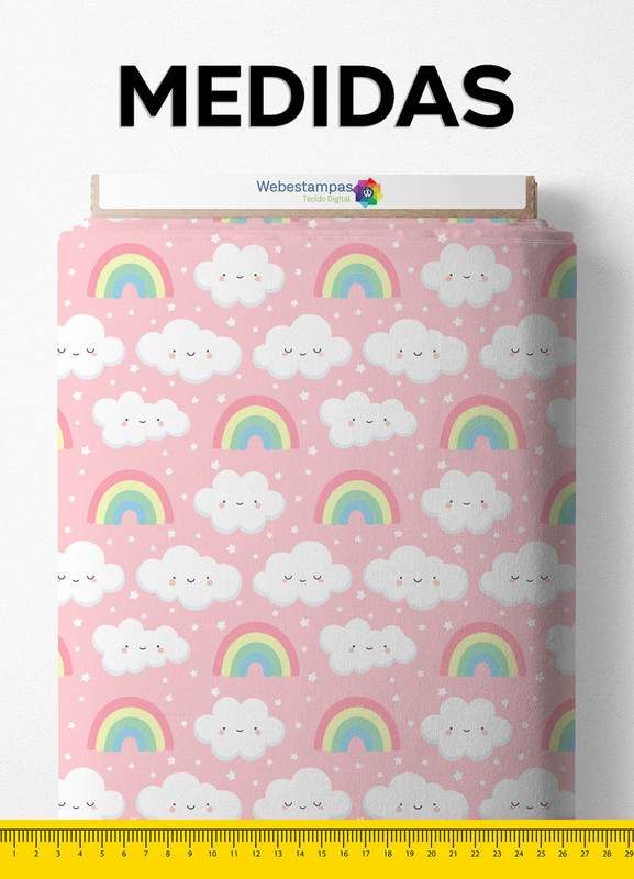 Tecido Cotton Estampa Digital Arco-Íris e Nuvens Fundo Rosa 1,60m de Largura