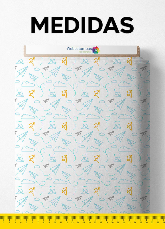 Tecido Cotton Estampa Digital Avião de Papel e Nuvem Azul 1,60m de Largura