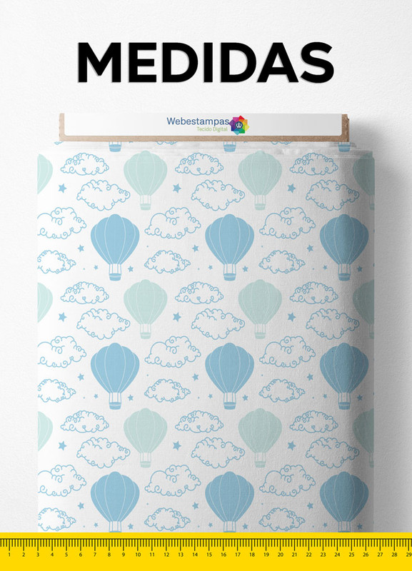 Tecido Cotton Estampa Digital Balões e Nuvem Azul 1,60m de Largura