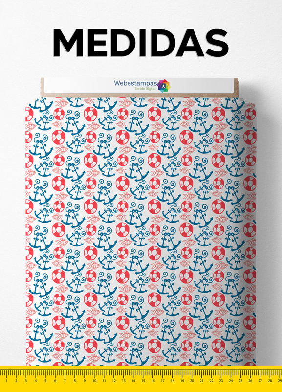 Tecido Cotton Estampa Digital Boias e Ancoras Azul e Vermelho 1,60m de Largura