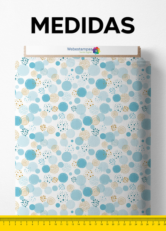 Tecido Cotton Estampa Digital Bolinhas e Formas em Azul 1,60m de Largura