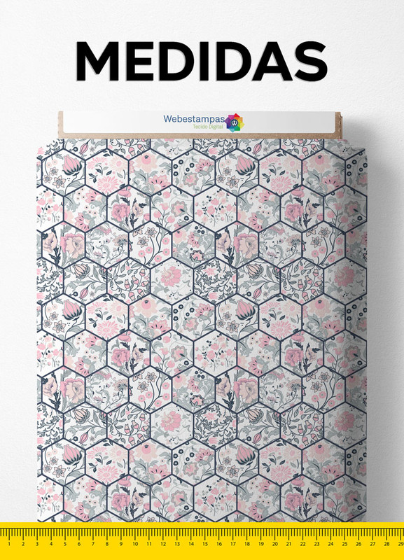 Tecido Cotton Estampa Digital Colmeia Floral Cinza 1,60m de Largura