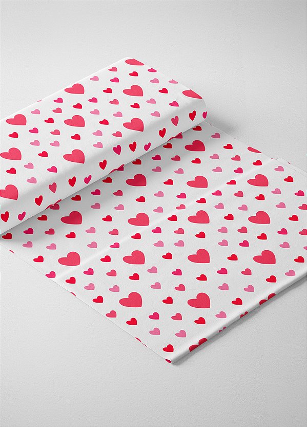 Tecido Cotton Estampa Digital Corações Pink e Rosa Fundo Branco 1,60m de Largura