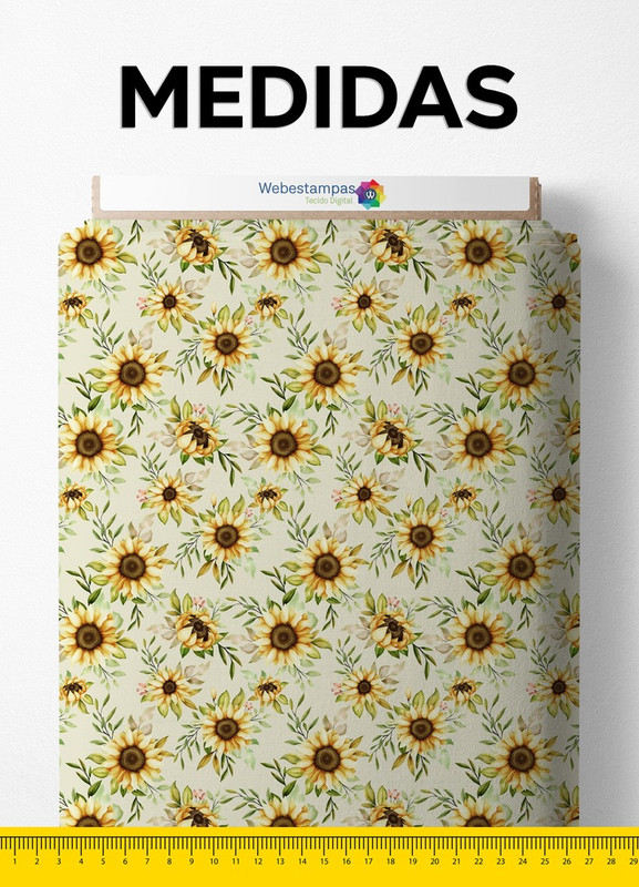 Tecido Cotton Estampa Digital Girassol Fundo Branco 1,60m de Largura