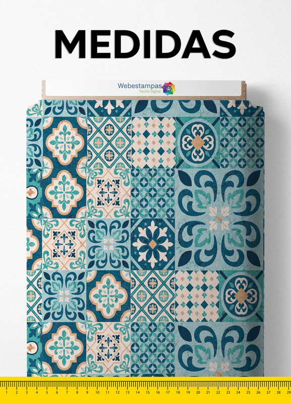 Tecido Cotton Estampa Digital Mosaico Azulejo Azul 1,60m de Largura