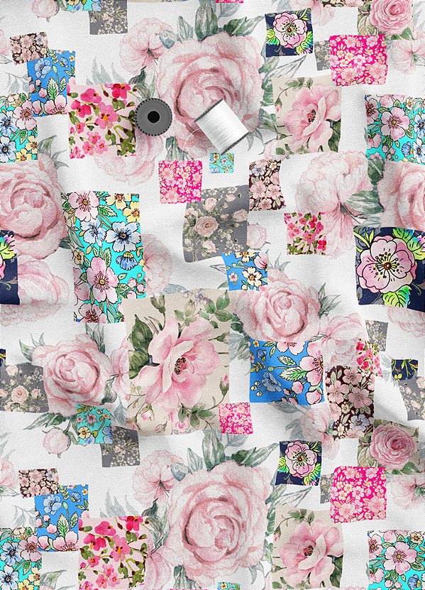 Tecido Cotton Estampa Digital Rosas Palha e Azul 1,60m de Largura