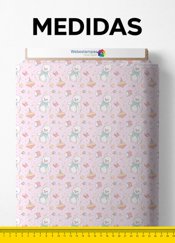 Tecido Cotton Estampa Digital Ursinho e Pião Rosa 1,60m de Largura
