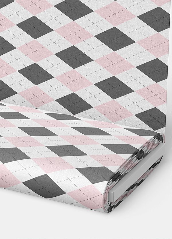 Tecido Cotton Estampa Digital Xadrez e Losango Rosa e Cinza 1,60m de Largura
