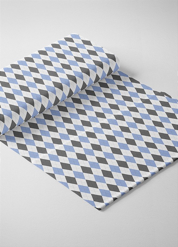 Tecido Cotton Estampa Digital Xadrez Losango Azul e Cinza 1,60m de Largura