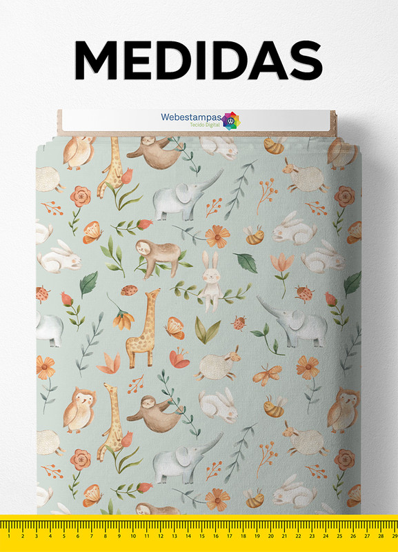 Tecido Microfibra Estampa Digital Bichinhos na Natureza Fundo Verde 1,55m de Largura