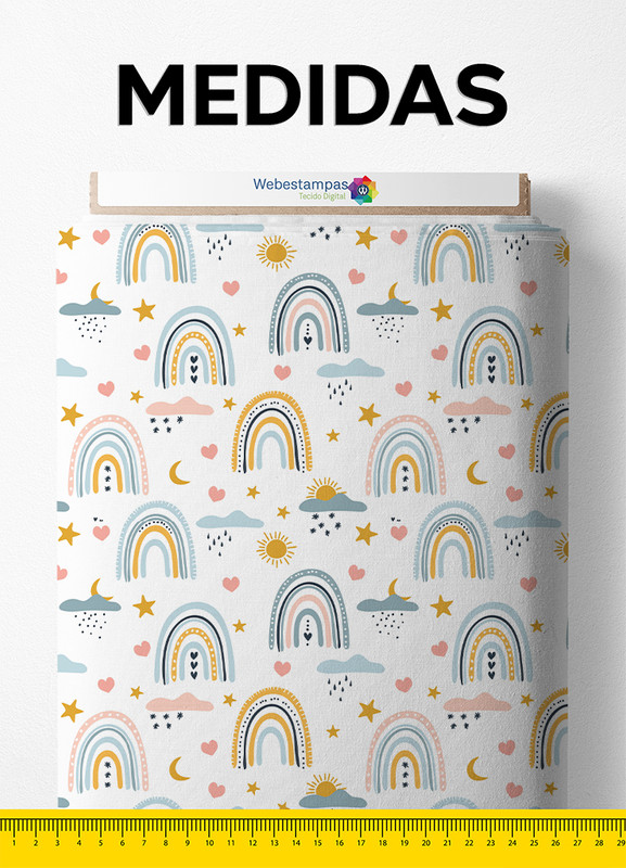 Tecido Microfibra Estampa Digital Arco-íris, Corações e Estrelas 1,55m de Largura