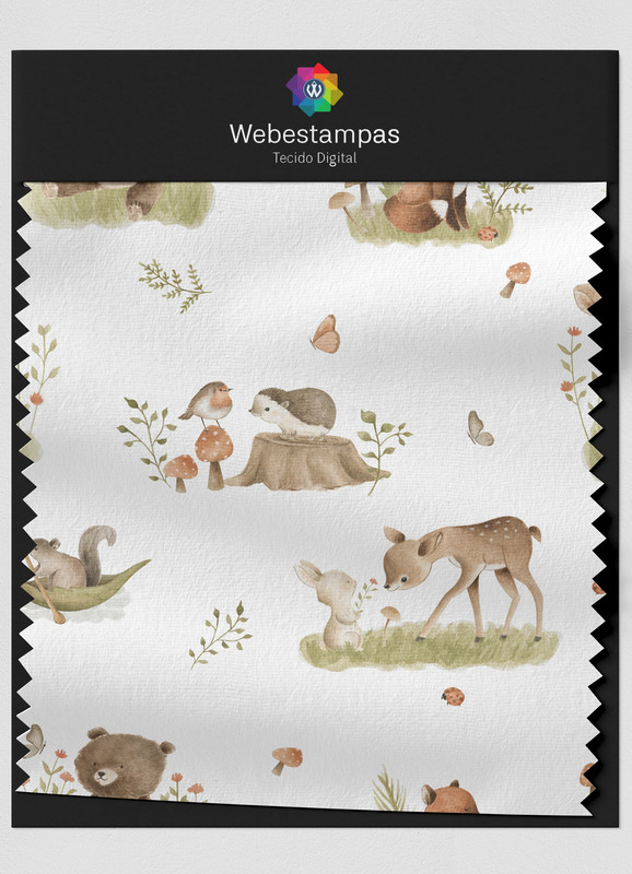 Tecido Microfibra Estampa Digital Bichinhos Fofos do Bosque 1,55m de Largura