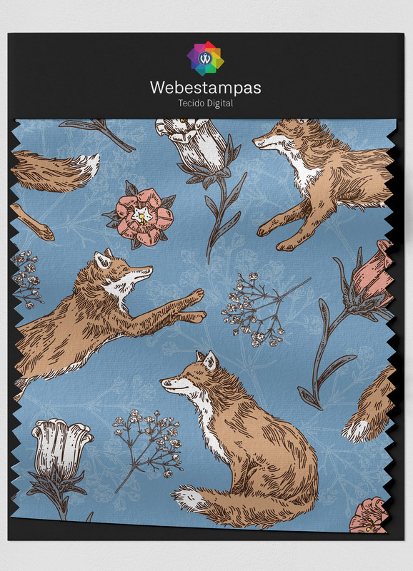 Tecido Microfibra Estampa Digital Raposa Fundo Azul 1,55m de Largura