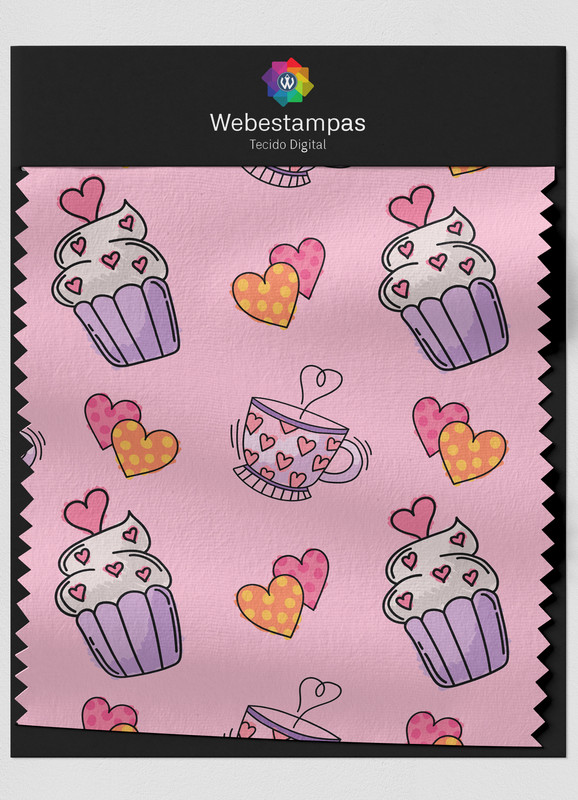 Tecido Microfibra Estampa Digital Cupcake Fundo Rosa 1,55m de Largura