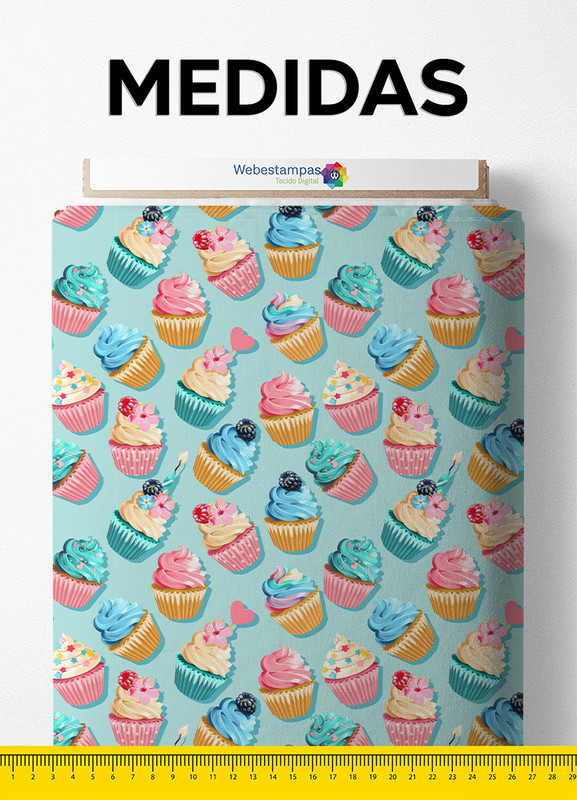 Tecido Microfibra Estampa Digital Cupcakes Fundo Azzul 1,55m de Largura