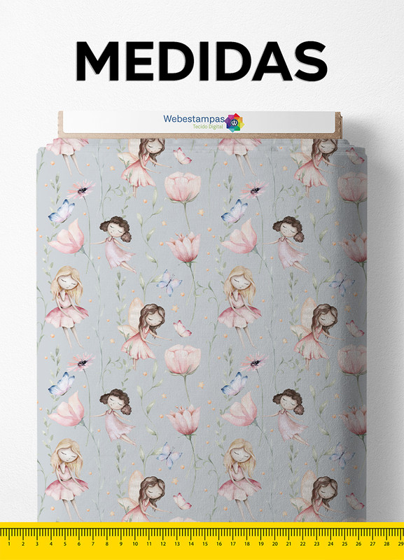 Tecido Microfibra Estampa Digital Fadinhas e Flores 1,55m de Largura