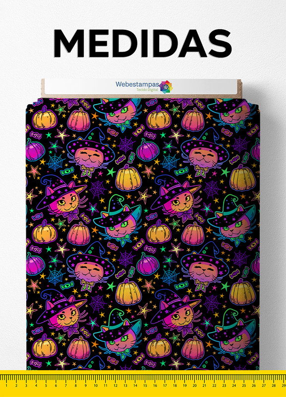 Tecido Micropercal Estampa Digital Gatinho Halloween com 1,55m de Largura
