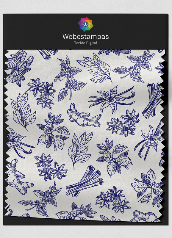 Tecido Helanca Estampa Digital Plantas Azuis Fundo Branco 1,55m de Largura