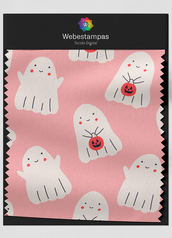 Tecido Helanca Estampa Digital Fantasminhas Fundo Rosa 1,55m de Largura