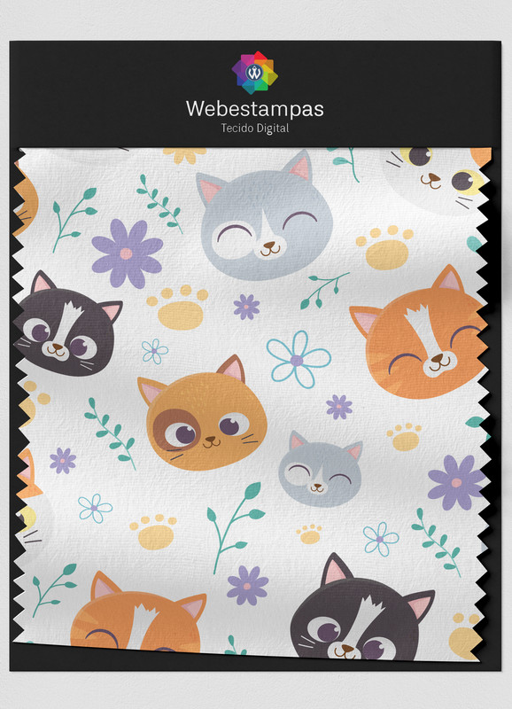 Tecido Oxford Estampa Digital Gatinhos e Flores 1,55m de Largura