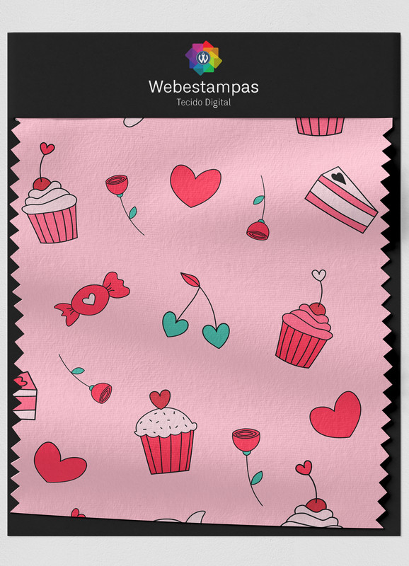 Tecido Oxford Estampa Digital Cupcake Coração 1,55m de Largura