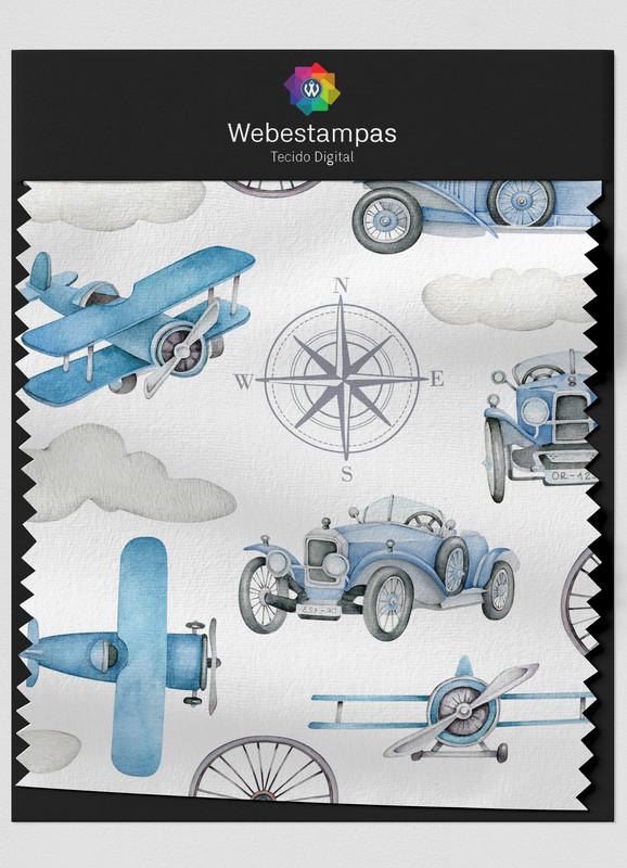 Tecido Oxford Estampa Digital Transportes Azul Aquarela 1,55m de Largura