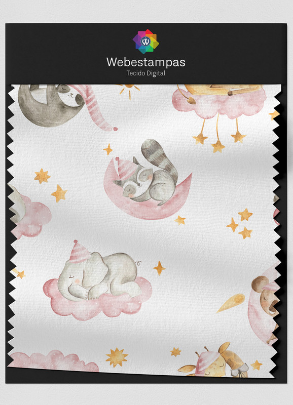 Tecido Veludo Estampa Digital Soneca dos Bichinhos Rosa 1,55m de Largura