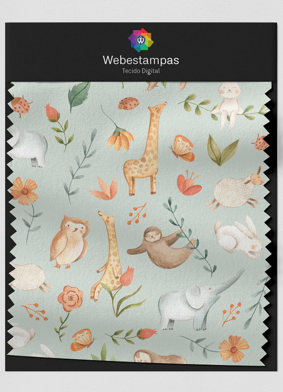 Tecido Veludo Estampa Digital Bichinhos na Natureza Fundo Verde 1,55m de Largura