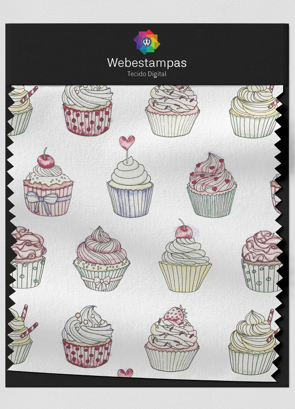 Tecido Veludo Estampa Digital Cupcakes Coloridos 1,55m de Largura