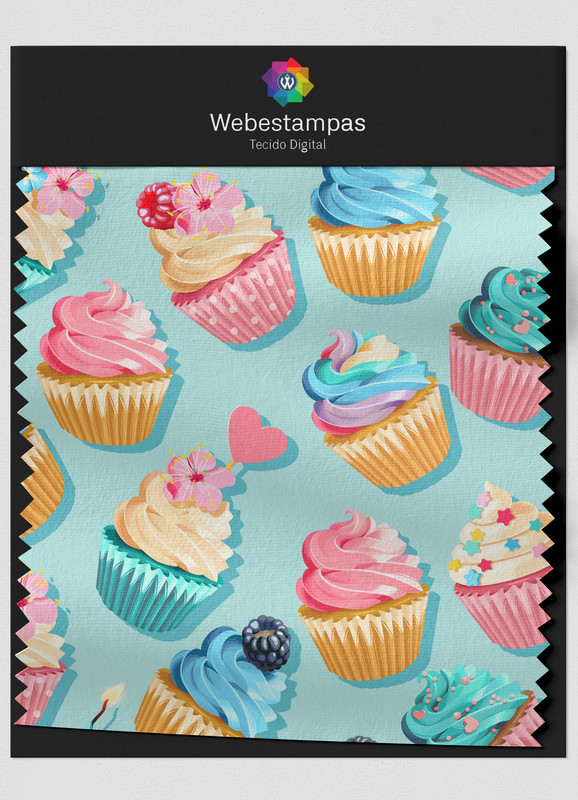 Tecido Veludo Estampa Digital Cupcakes Fundo Azzul 1,55m de Largura