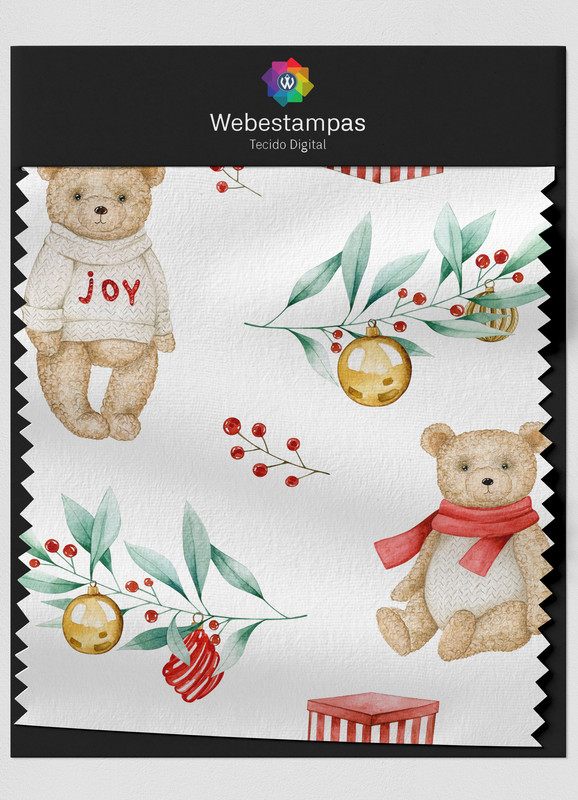 Tecido Veludo Estampa Digital Ursinhos Natalinos 1,55m de Largura