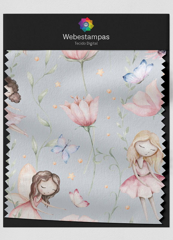 Tecido Veludo Estampa Digital Fadinhas e Flores 1,55m de Largura
