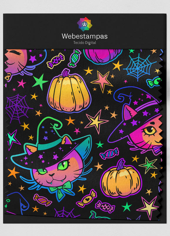 Tecido Veludo Estampa Digital Gatinho Halloween com 1,55m de Largura