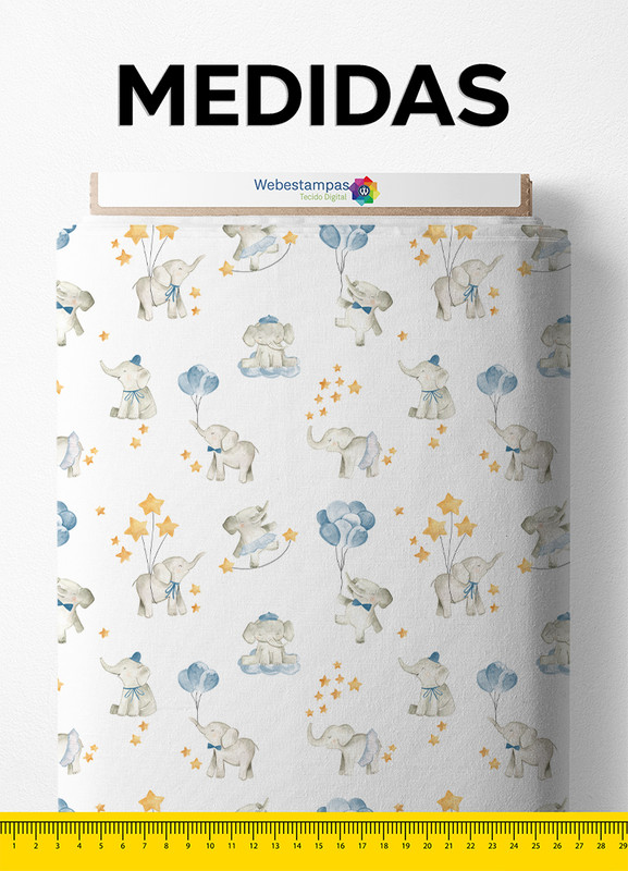 Tecido Cotton Estampa Digital Elefantinhos e Balões 1,60m de Largura