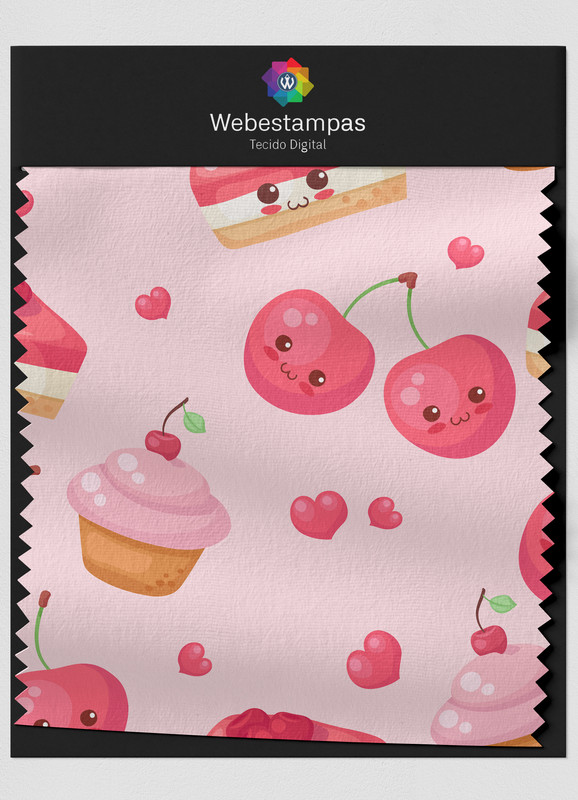 Tecido Percal 200 Fios Estampa Digital Cupcake Cereja 1,50m de Largura