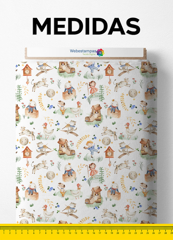 Tecido Tricoline Misto Estampa Digital Mamãe Gansa 1,50m de Largura