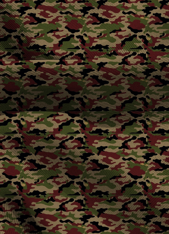 Tecido Blackout Estampa Digital Camuflada Verde, Vermelho, Preto e Bege 1,35m de Largura