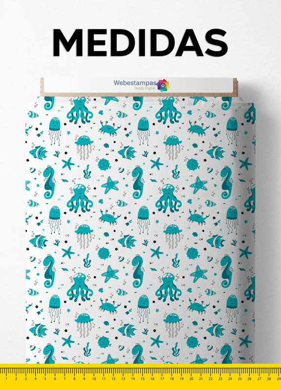 Tecido Blackout Estampa Digital  Fundo Do Mar Azul e Branco 1,35m de Largura