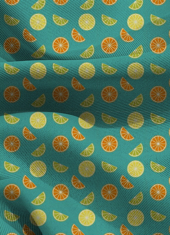 Tecido Blackout Estampa Digital Laranja e Limão Fundo Azul 1,35m de Largura