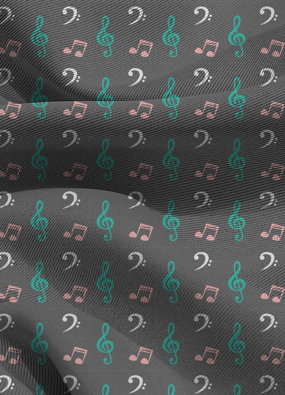 Tecido Blackout Estampa Digital Nota Musical Azul e Rosa Fundo Preto 1,35m de Largura