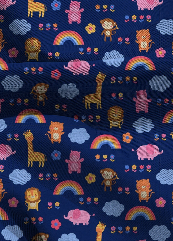 Tecido Blackout Estampa Digital Bichinhos Arco-Írs Fundo Azul 1,35m de Largura